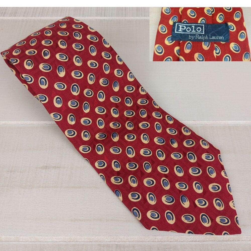 VTG Polo Ralph Lauren Necktie Men's 100% Silk Tie Red Yellow Blue Handmade USA